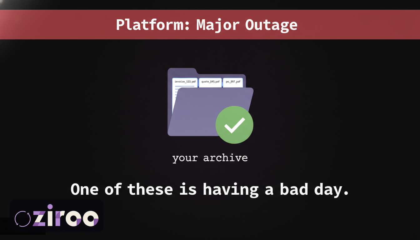 Xero outage status banner above an unaffected personal archive of invoice PDFs